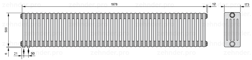 Схема (чертеж) Радиатор Zehnder Charleston 5050/43 №3370 Белый глянцевый RAL 9016